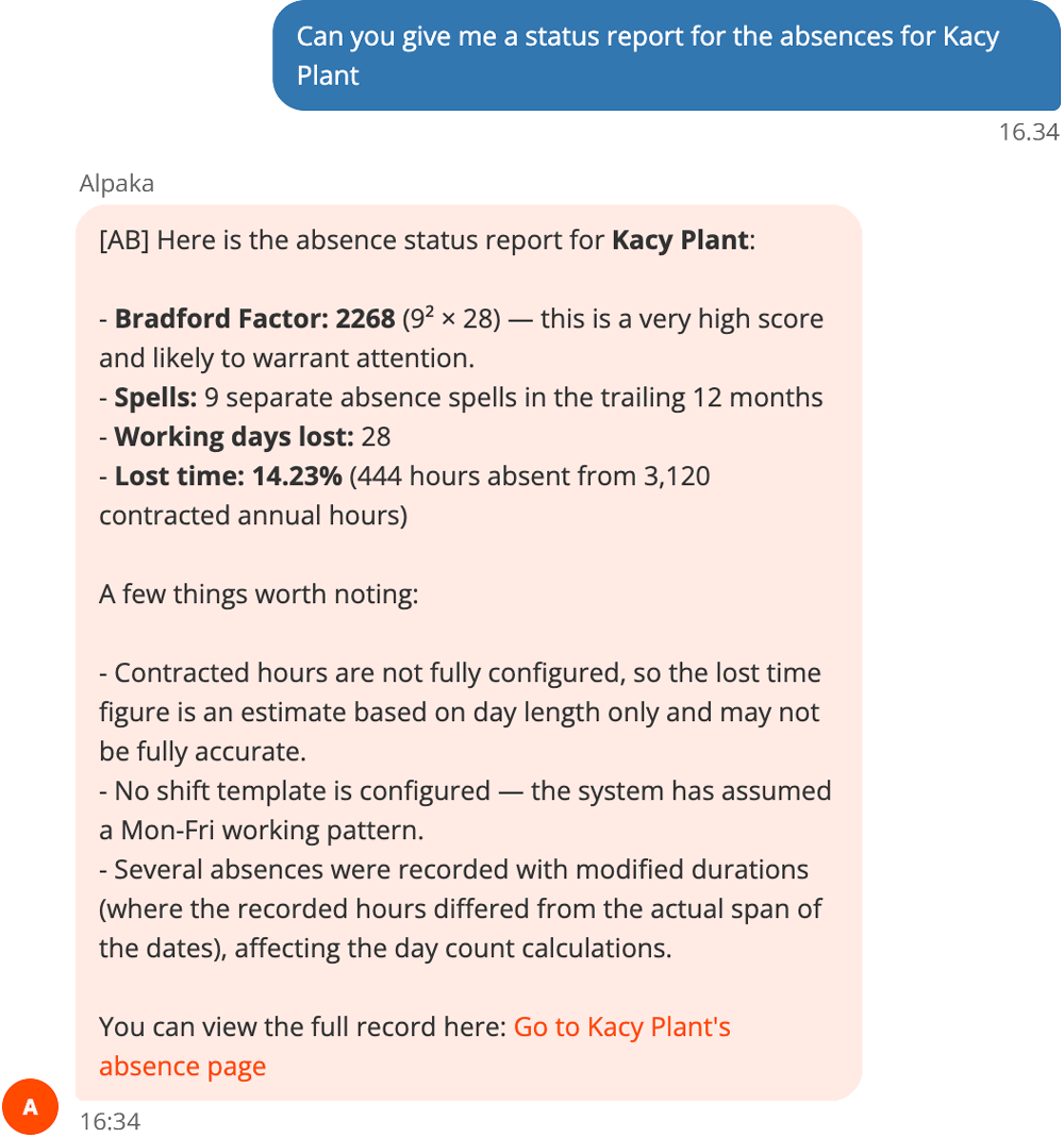 Alpaka AI conversation with absence specialist
