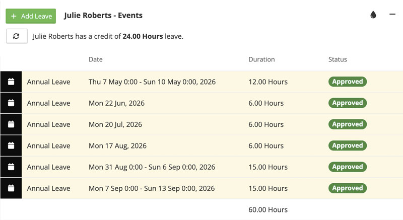 Annual leave events and running credit balance for an individual