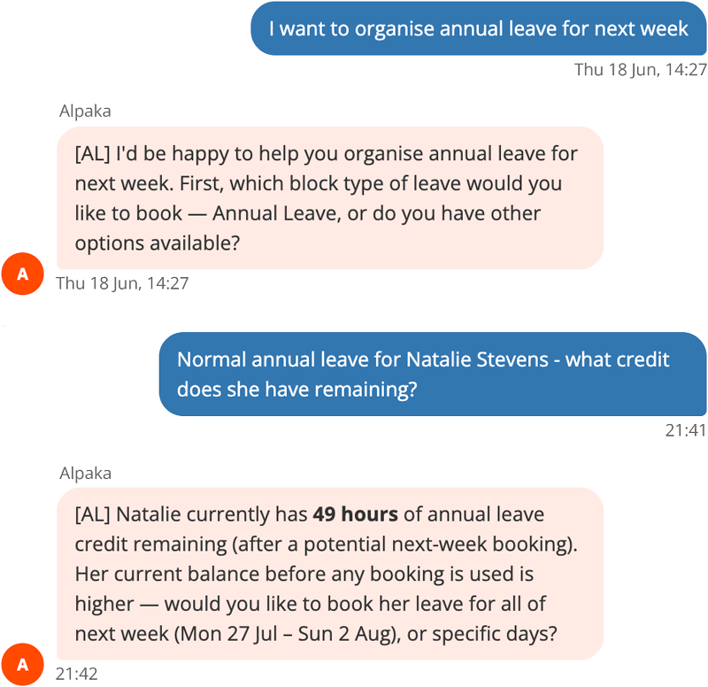 Alpaka AI conversation booking annual leave and checking credit