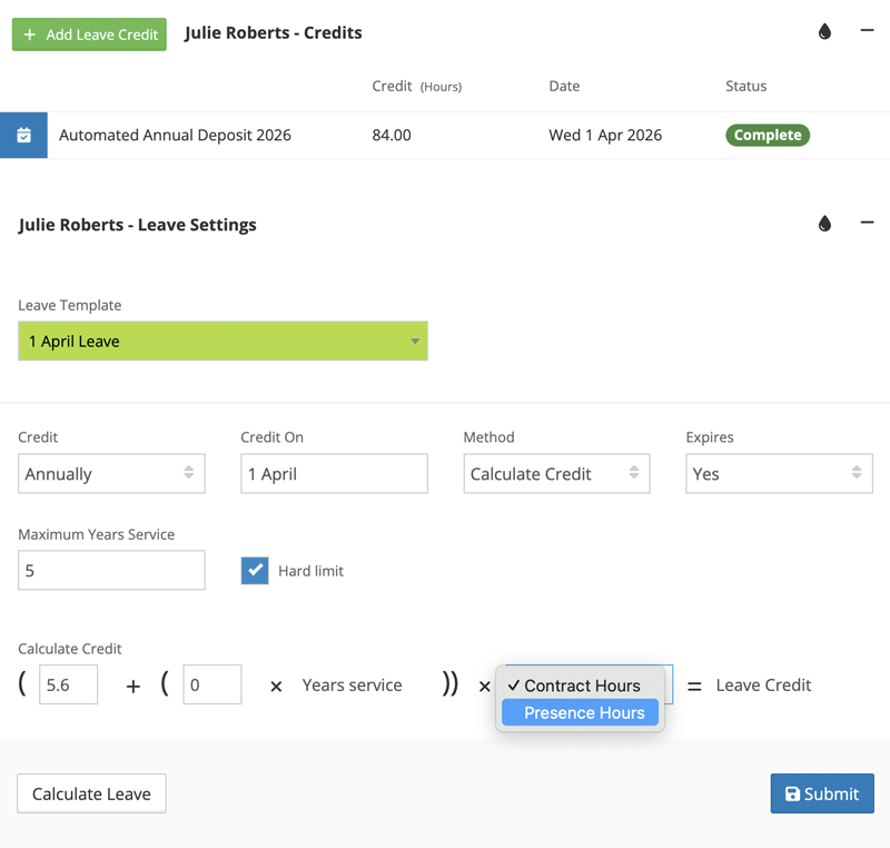Configuring an individual's automated leave credit formula