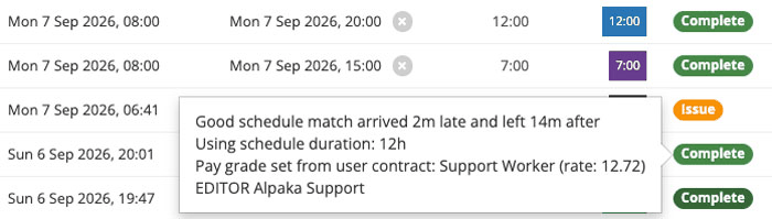 Alpaka settling a shift's status and duration