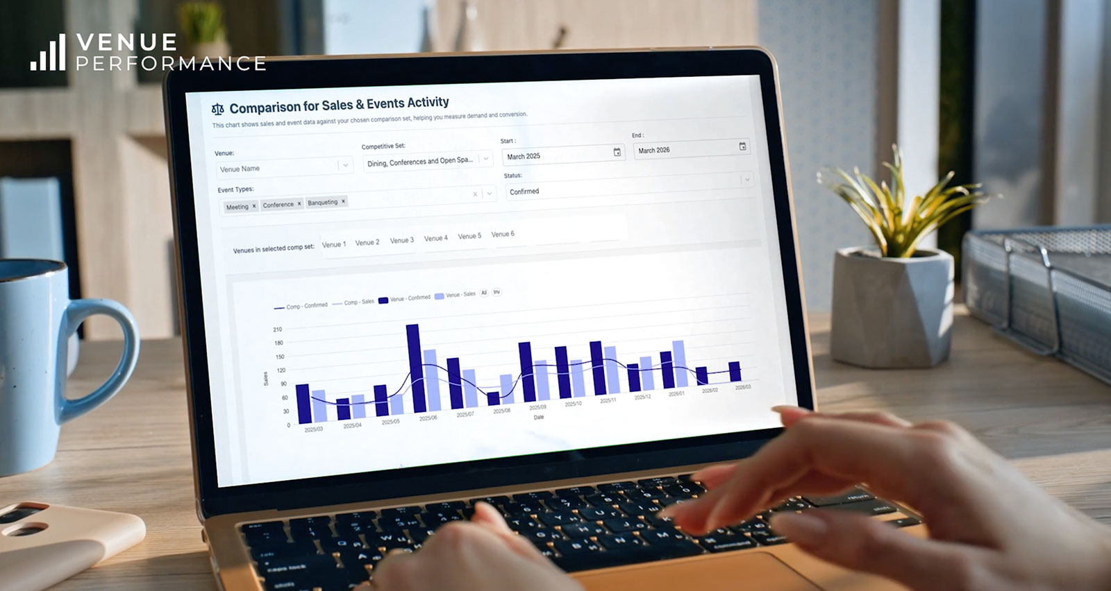 Laptop showing a Venue Performance chart comparing a venue's monthly sales and events against its competitive set