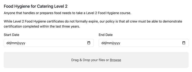 A food hygiene certificate section with guidance text, start and end dates and a file upload