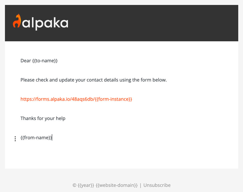 A branded Alpaka email template asking the recipient to check and update their details using a personal form link
