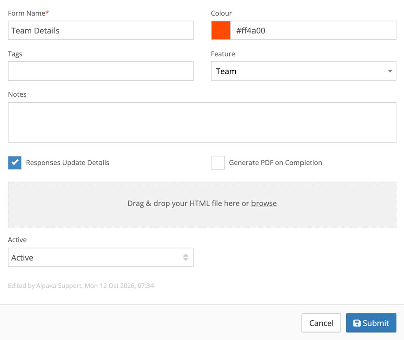 Alpaka form settings with options for responses to update details and to generate a PDF on completion