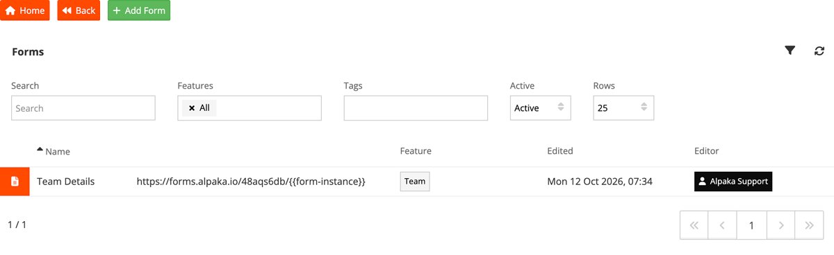 The Alpaka forms list, filterable by feature, tags and active status