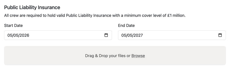A public liability insurance section with start and end dates and a file upload