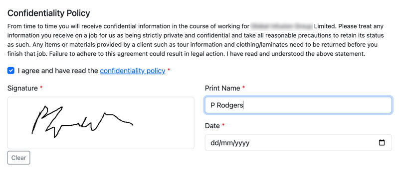 A confidentiality policy agreement with a drawn signature, printed name and date