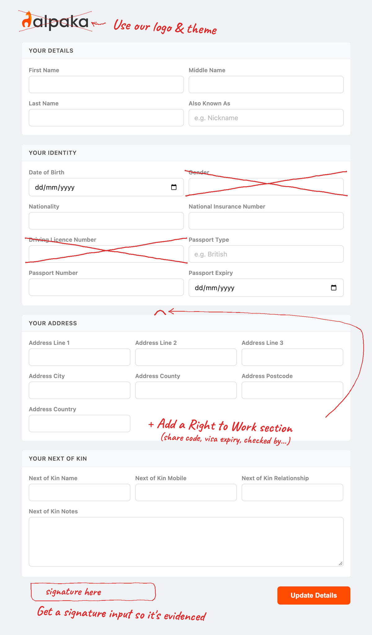 An Alpaka form annotated with customisations: your own logo and theme, fields removed, a right to work section added and a signature input