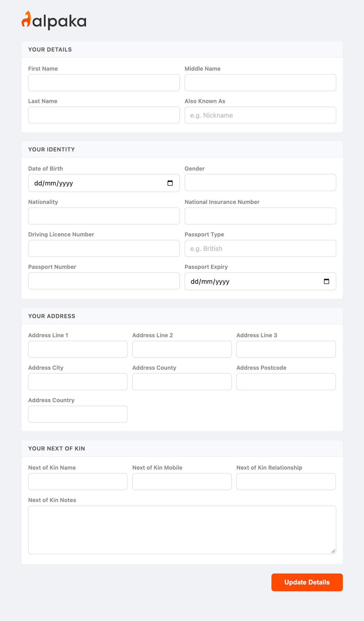 An Alpaka form for a team member to update their details, identity, address and next of kin