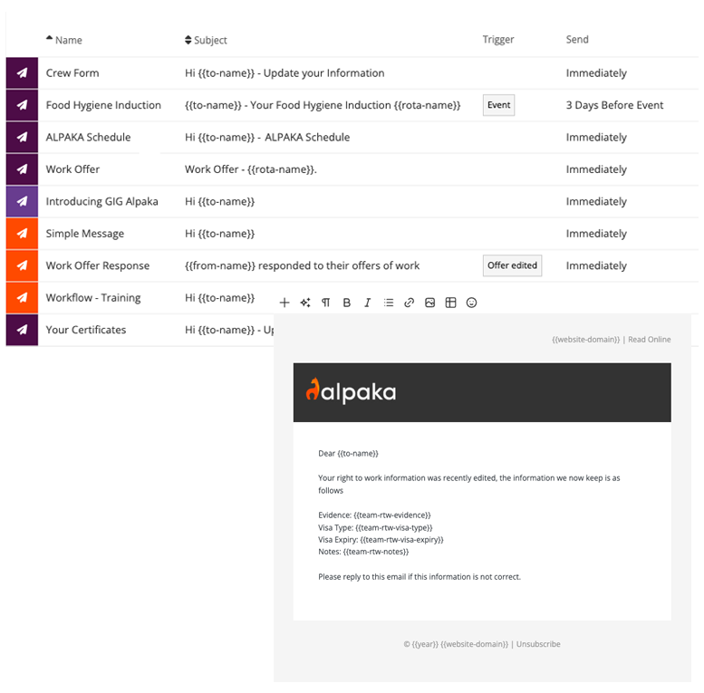Configurable email template with variable placeholders