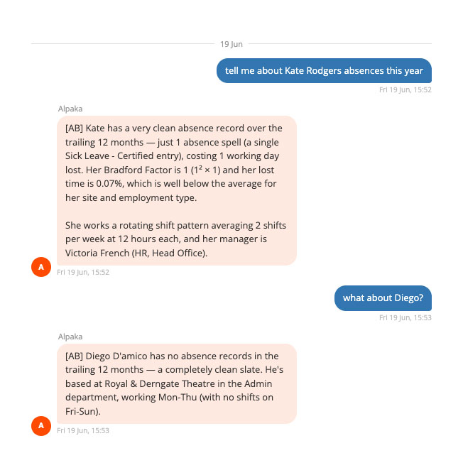 Conversation with Alpaka answering a question about an employee's absence record, Bradford Factor and shift pattern