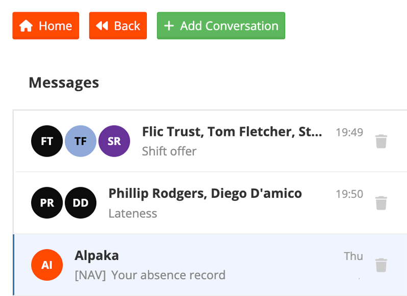 Alpaka Messages inbox showing staff conversations and an AI conversation with Alpaka