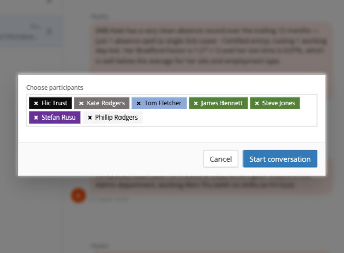Starting a new conversation and choosing participants in Alpaka Messages